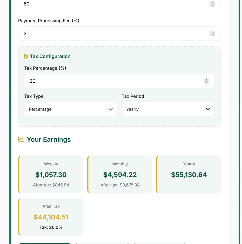 Side Hustle Profit Pro tax configuration panel showing percentage tax settings with weekly monthly and yearly profit results