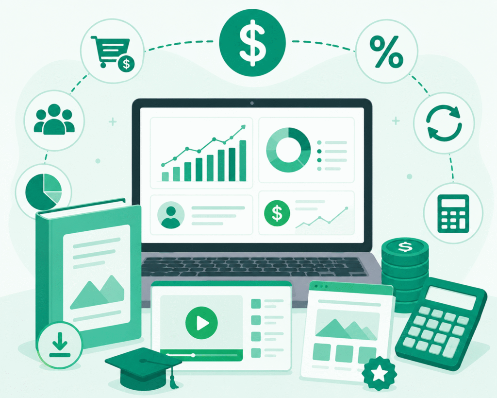 digital product profit calculator showing real earnings after platform fees refund rate and taxes for courses ebooks and templates