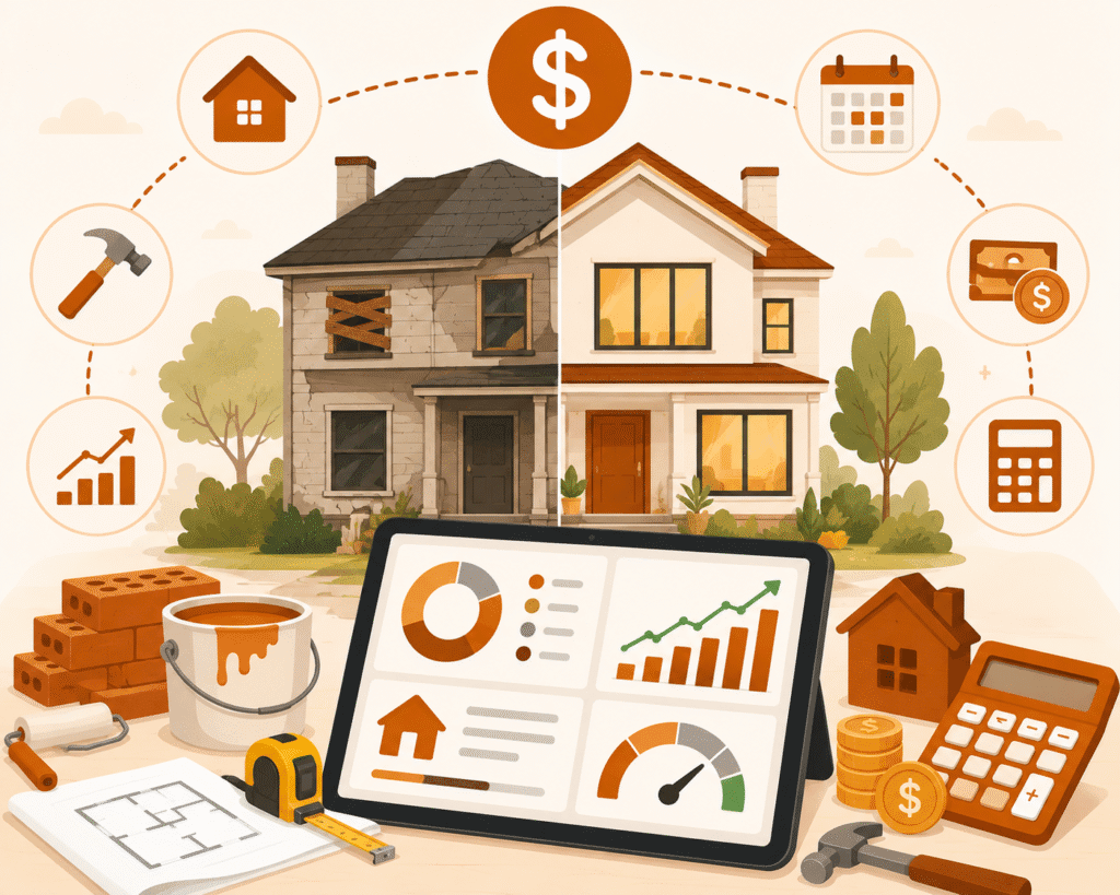 house flipping roi calculator showing real profit after purchase price renovation costs holding costs and selling fees